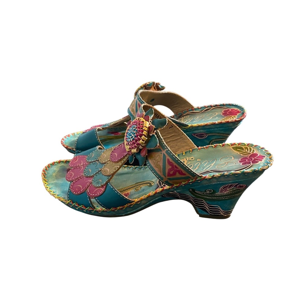 Elite by Corkys Navajo Leather Wedge Sandals Size 7 Turquoise Floral Boho Artsy
